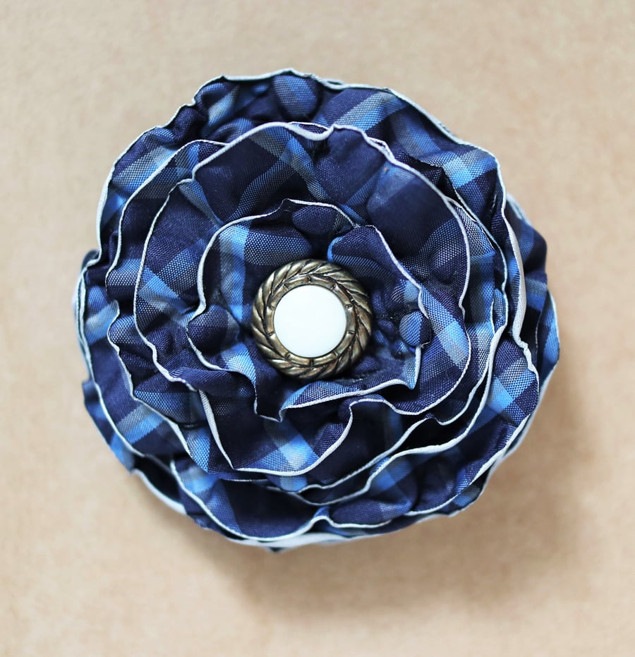 SALE - Up-cycled navy checkered textile floral design brooch - hair clip