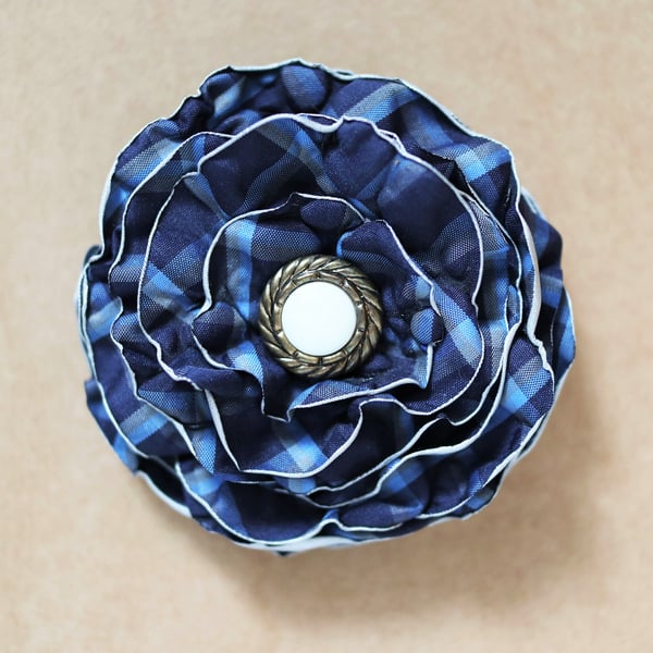 SALE - Up-cycled navy checkered textile floral design brooch - hair clip