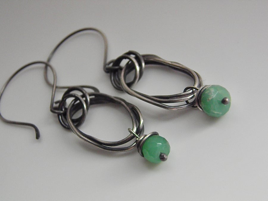 Chrysoprase Sterling Silver Earrings Green Gemstone Oxidised Silver Hoops