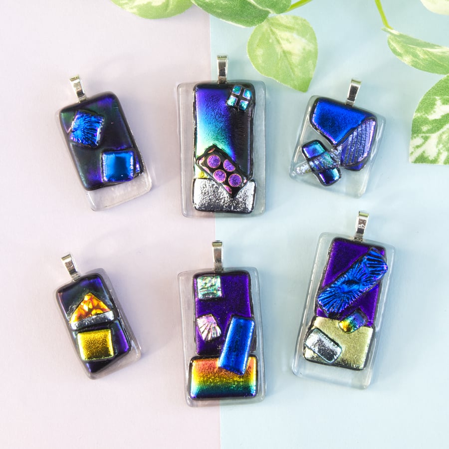 Blue and Purple Unique Tack Fused Dichroic Fused Glass Pendant Necklace