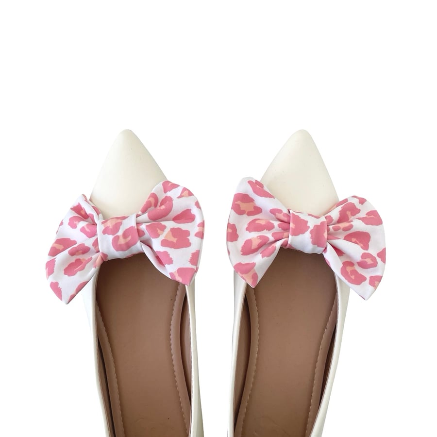 White Pink Cheetah Shoe Bow Clips Charms Handmade Cute Shoe Decor for Clogs Heel