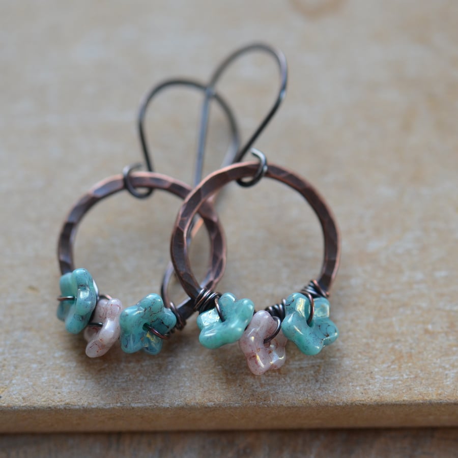 Handmade Copper Earrings with Pink and Blue Czech Flowers