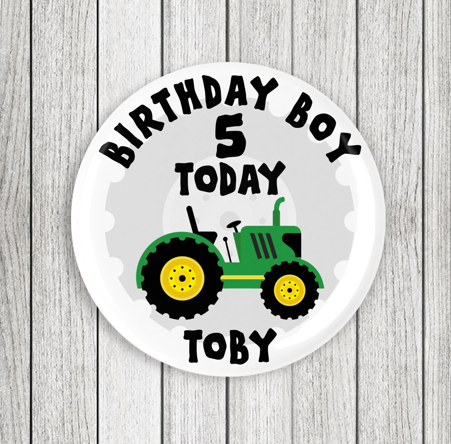 Green Tractor Birthday Pin Badge: Personalised Party Favor (58mm)