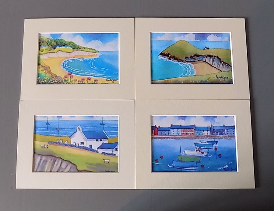 Set of 4 Watercolour Prints, Scenes of Cardigan Bay, Wales  in 8 x 6'' Mounts