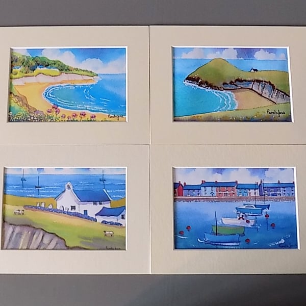 Set of 4 Watercolour Prints, Scenes of Cardigan Bay, Wales  in 8 x 6'' Mounts