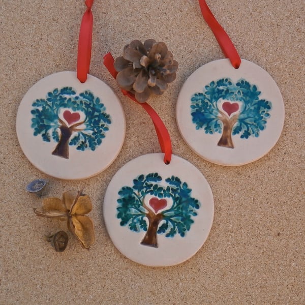Tree of life hanging ornament with heart, Ceramic green decoration 1LL
