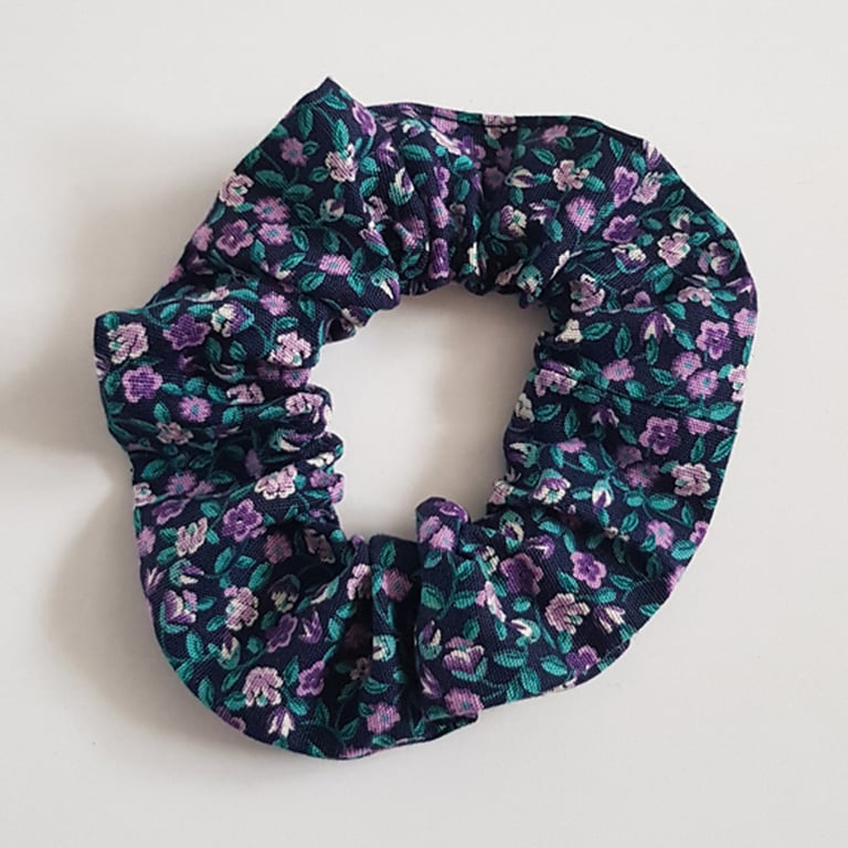Purple Floral Cotton Scrunchie - Handmade Hair Tie
