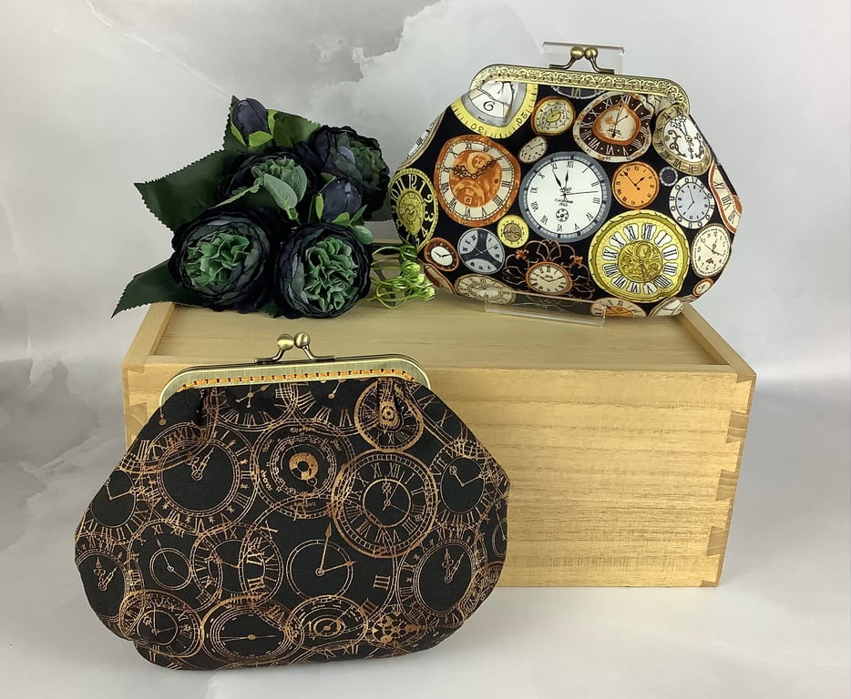 Clocks small clutch bag, Gothic makeup bag, Optional chain, 2 pattern options