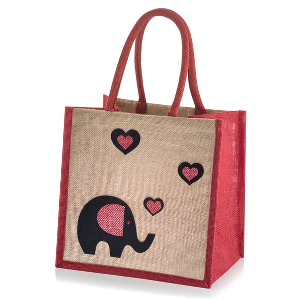 Medium Sized Red Trim Jute Hessian Tote Shopping Bag with an Elephant Design