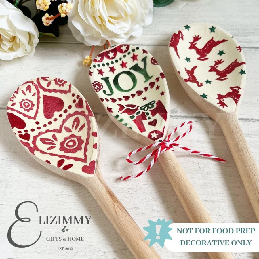 Christmas Decorative Wooden Spoons. Decoupaged in Genuine Emma Bridgwater Design
