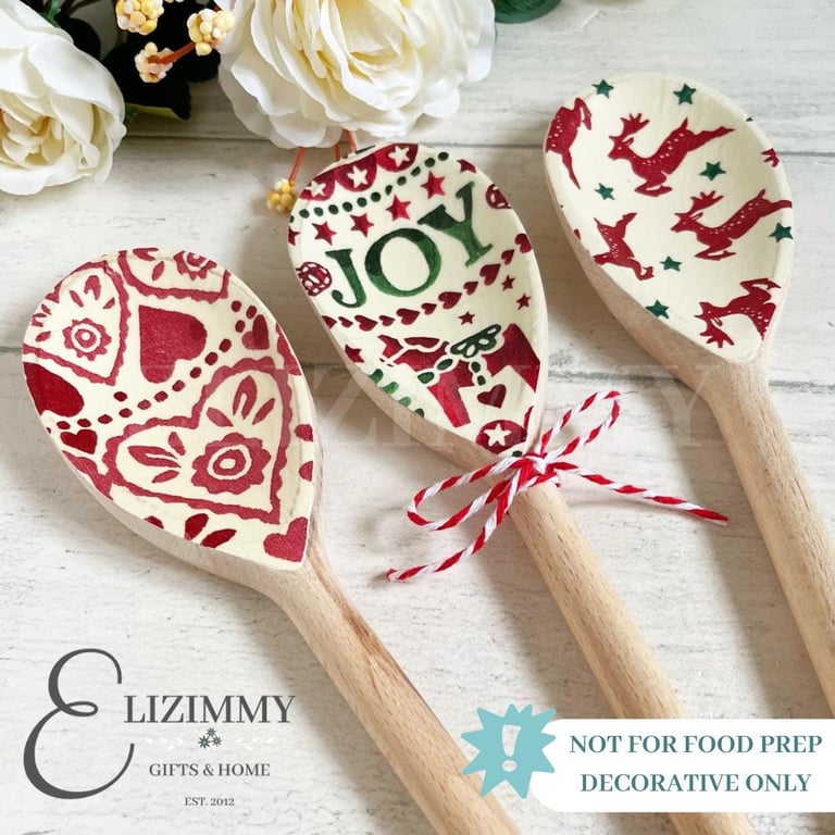 Christmas Decorative Wooden Spoons. Decoupaged in Genuine Emma Bridgwater Design