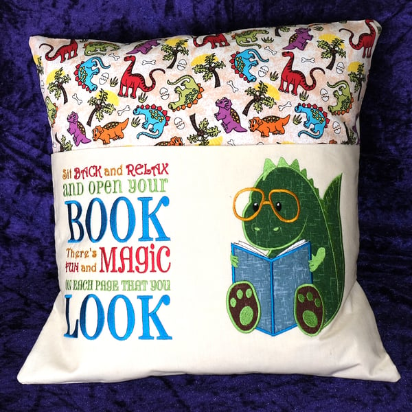 Embroidered dinosaur reading cushion 