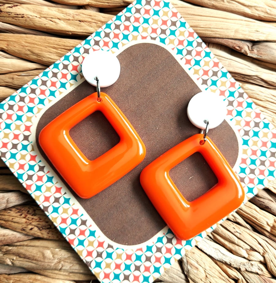 Orange And White Geometric Earrings, 1960s Style Handmade Resin Earrings.