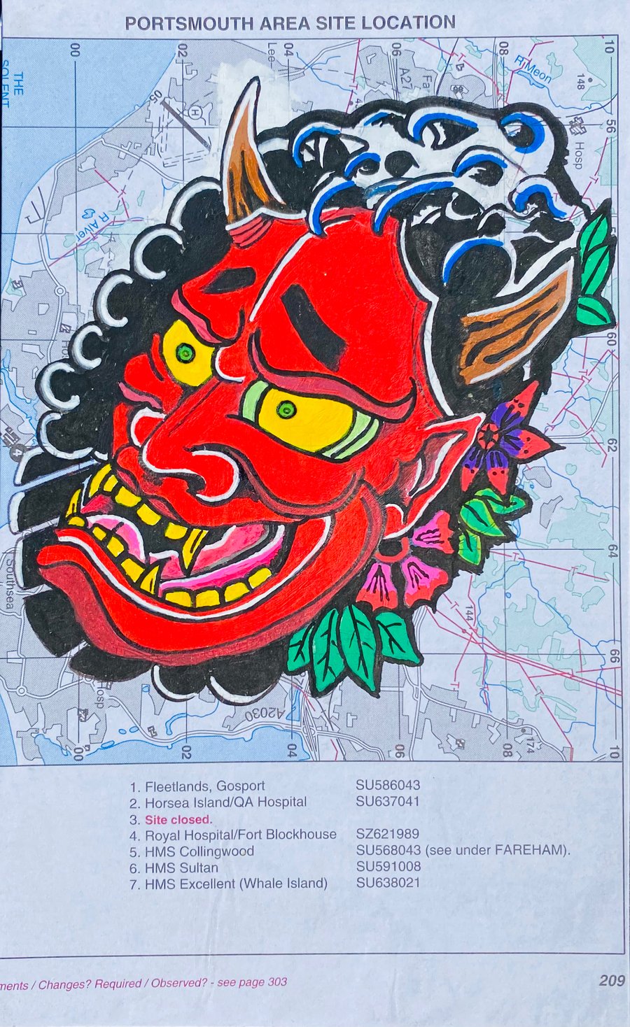 Oni mask on an old map of Portsmouth