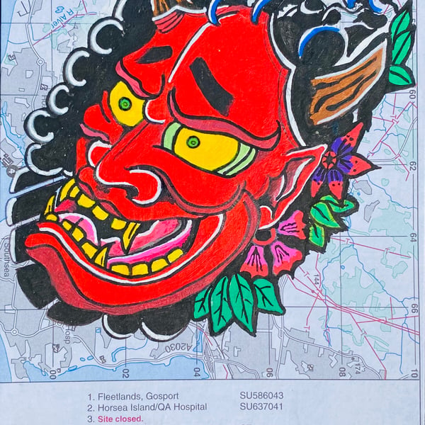 Oni mask on an old map of Portsmouth