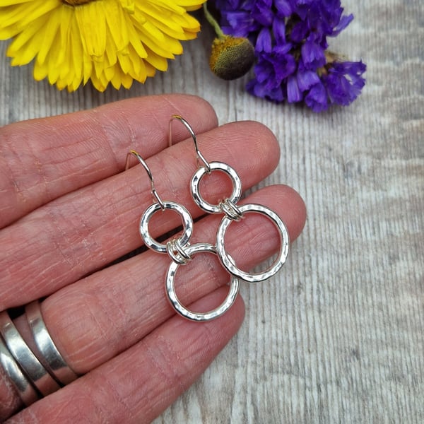 Sterling Silver Hammered 2 Circle Drop Earrings 