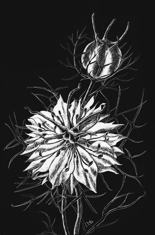 Nigella Love in the Mist scraperboard illustration, unmounted, 15.2 by 23cm