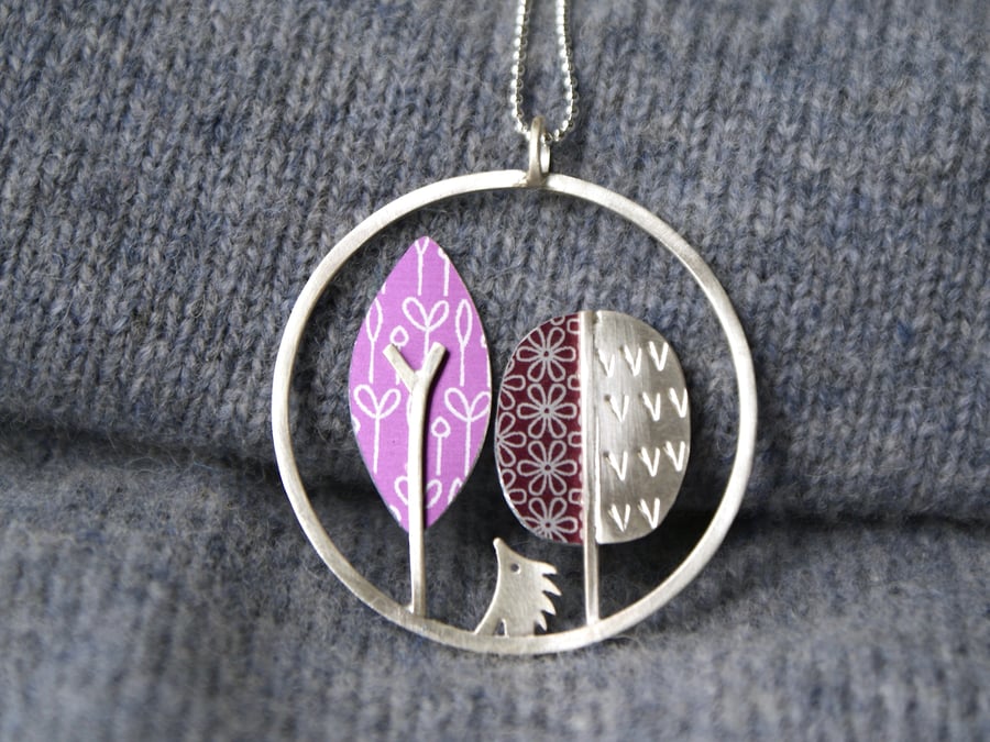 Hedgehog and trees necklace