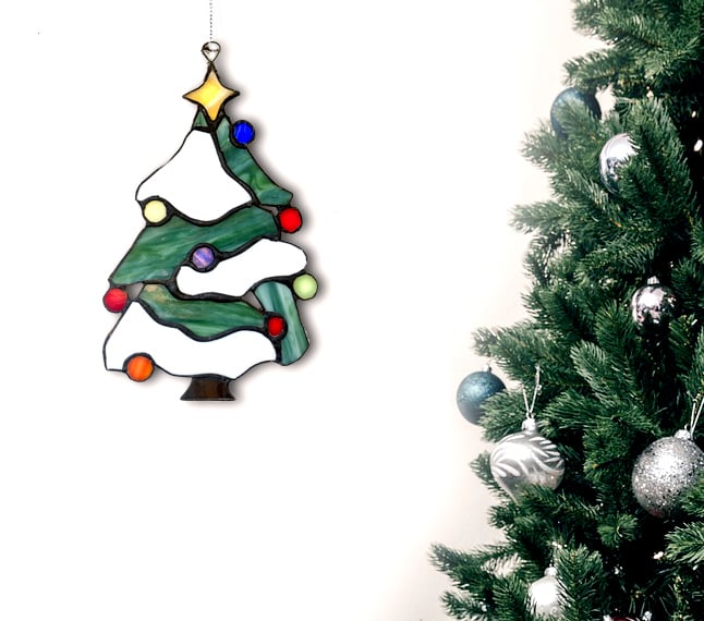 Stained Glass  Festive Christmas Tree Suncatcher Window Ornament Plastic Free