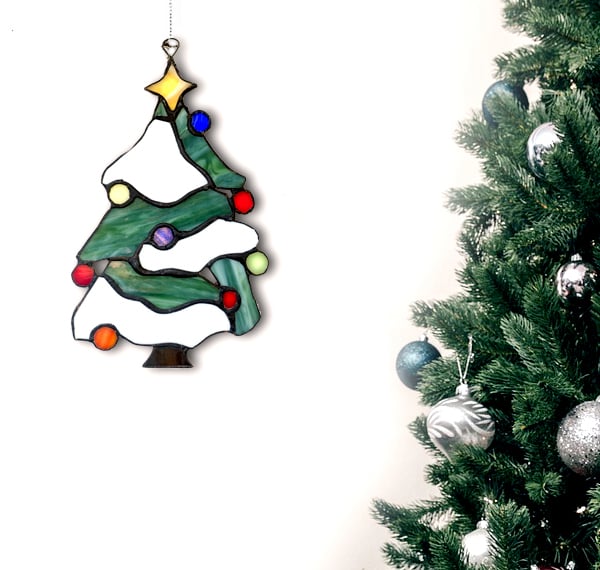 Stained Glass  Festive Christmas Tree Suncatcher Window Ornament Plastic Free