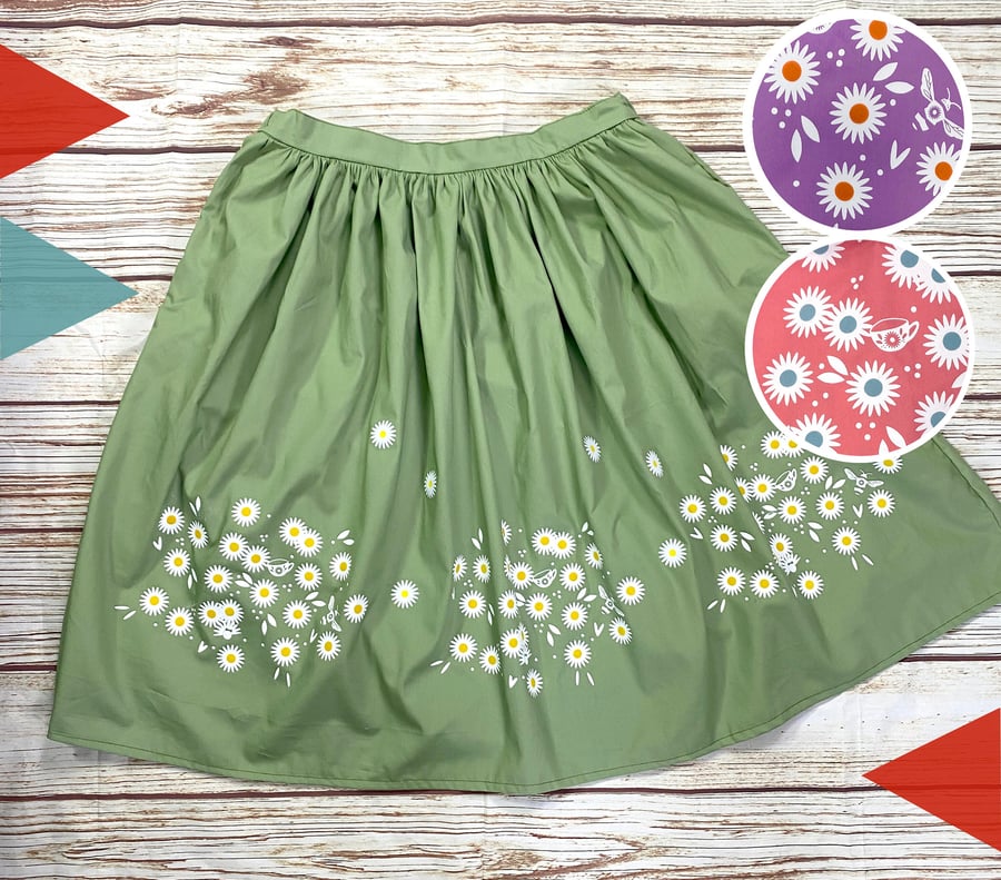 Summer Daisy Print Skirt. Green, pink or lilac cotton Elasticated waistband