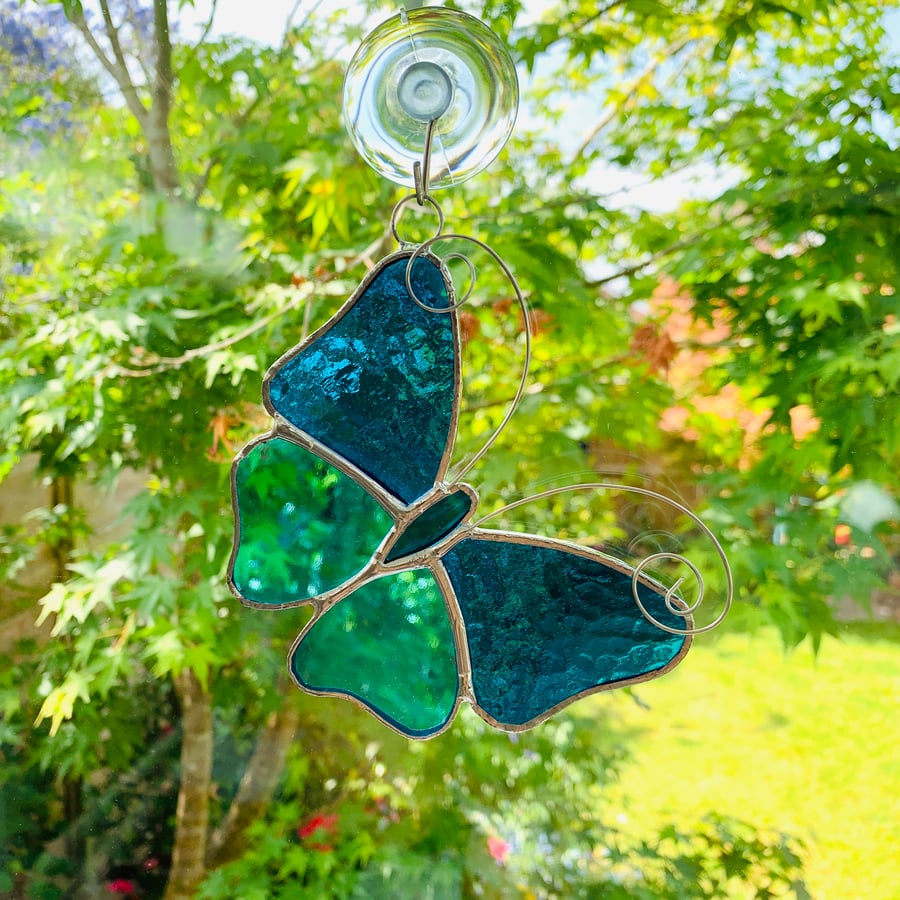 Stained Glass Butterfly Suncatcher - Handmade Decoration - Turquoise 