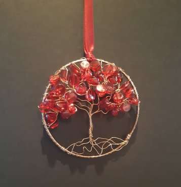Red Glass beads tree of life bangle hangers on a ribbon 