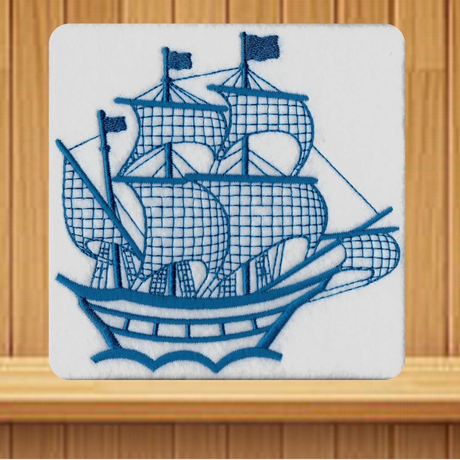 Handmade Embroidered Galleon Sailing Ship Design greetings card 