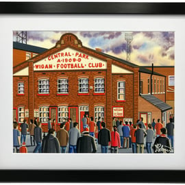 Wigan Retro Central Park Stadium, High Quality Framed Rugby Art Print.