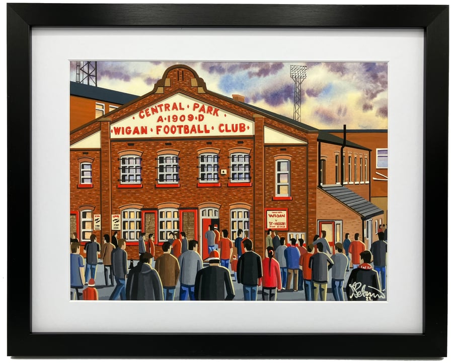 Wigan Retro Central Park Stadium, High Quality Framed Rugby Art Print.