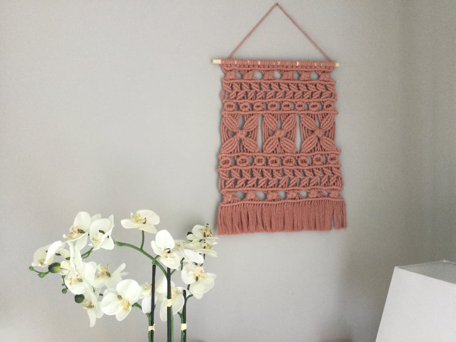 Beautiful unique macrame wall hanging, fibre art, sampler, home decor, pink