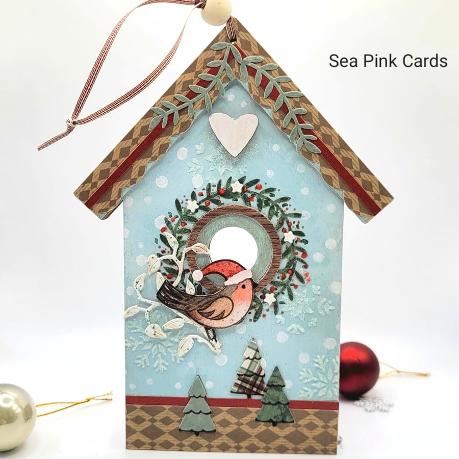 Nordic Christmas Decoration, Birdhouse - hanging wooden ornament, gift, robin 