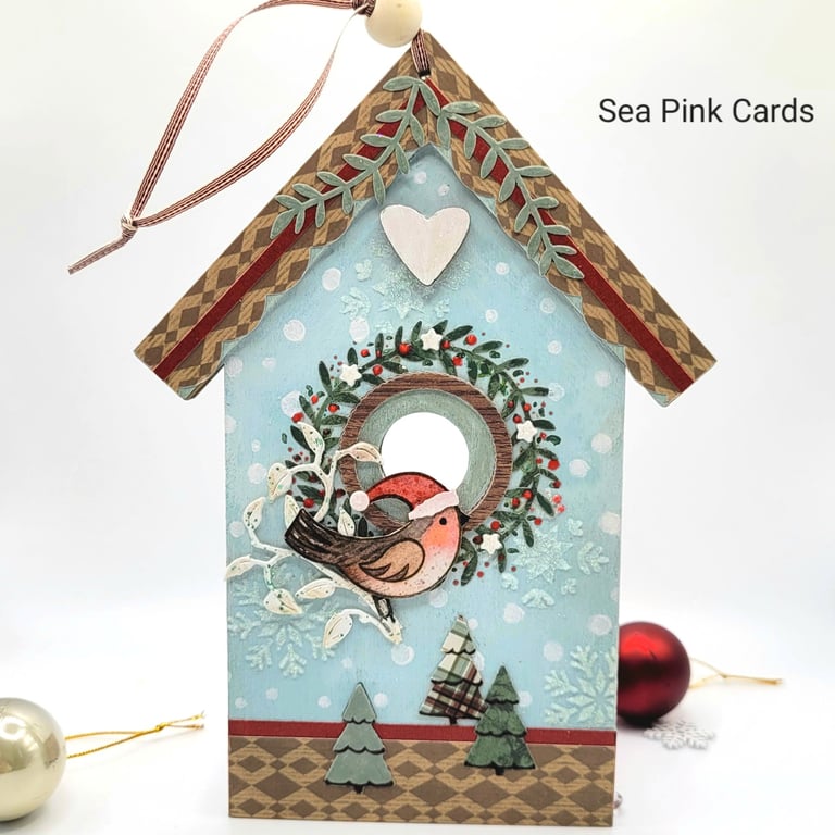Nordic Christmas Birdhouse - hanging decoration, wooden ornament, robin