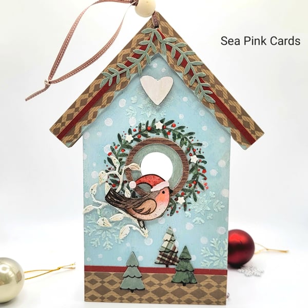 Nordic Christmas Decoration, Birdhouse - hanging wooden ornament, gift, robin 