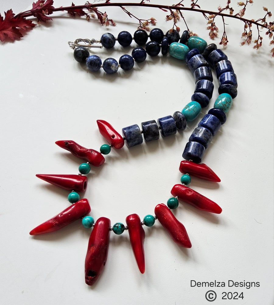 Statement Red Coral, Natural Turquoise & Sodalite Sterling Silver Necklace