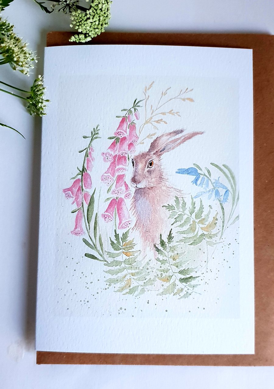 Hare and foxgloves card