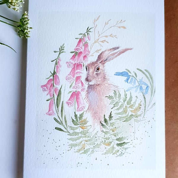 Hare and foxgloves card