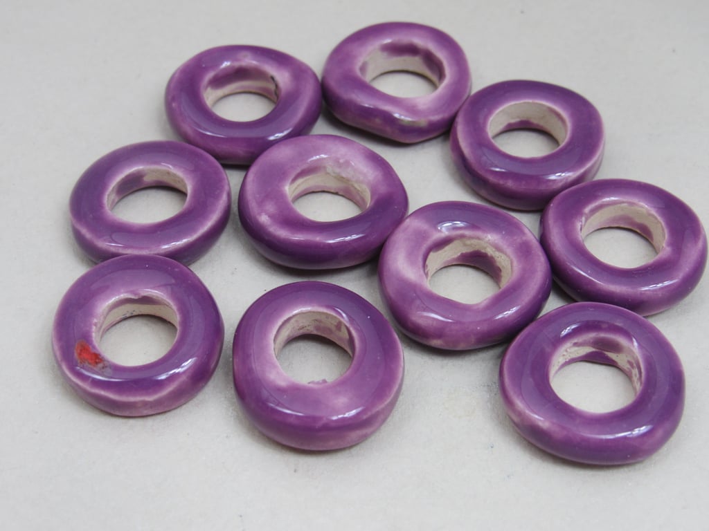 10 Medium Lilac Purple Glazed Ceramic Donut Beads