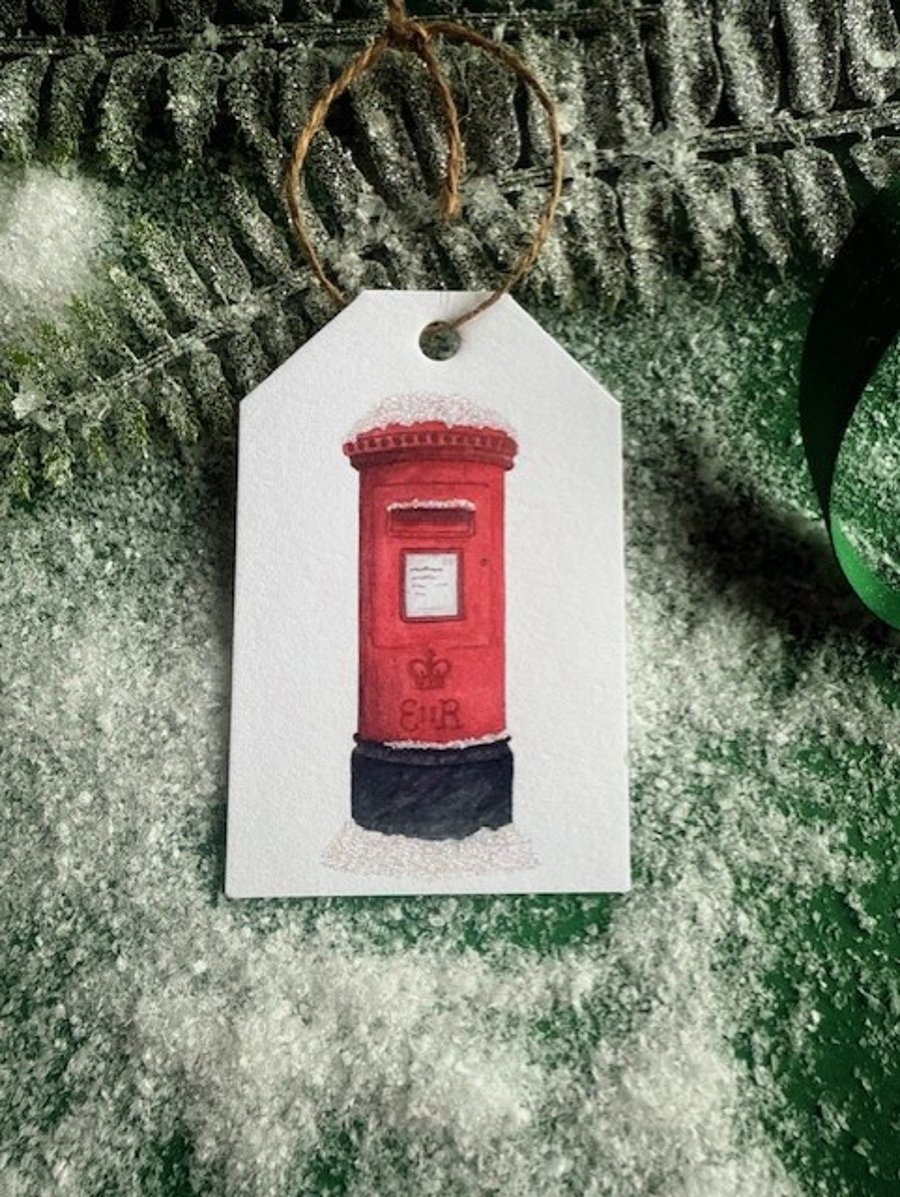 Hand glittered Christmas Tags, Red British Post Box, Pk of 5 Tags, String Inc.