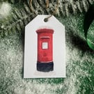 Hand glittered Christmas Tags, Red British Post Box, Pk of 5 Tags, String Inc.