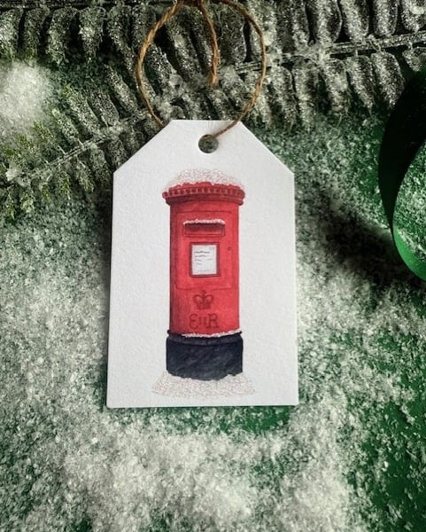 Hand glittered Christmas Tags, Red British Post Box, Pk of 5 Tags, String Inc.