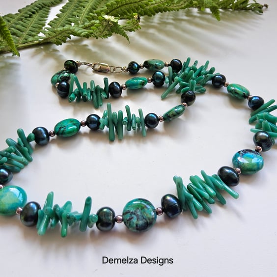 Designer Natural Turquoise, Baroque Pearl & Coral Sterling Silver Necklace