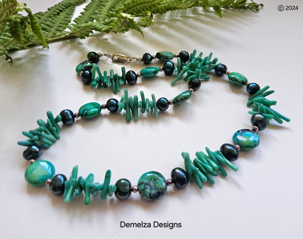 Designer Natural Turquoise, Baroque Pearl & Coral Sterling Silver Necklace