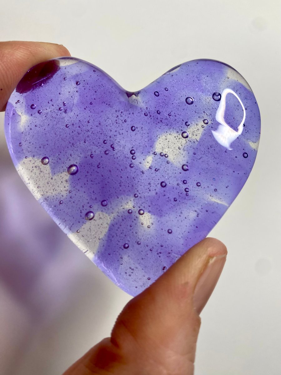 Fused glass lilac lavender purple heart hug paper weight  perfectly imperfect 