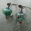 copper earrings, green lampwork