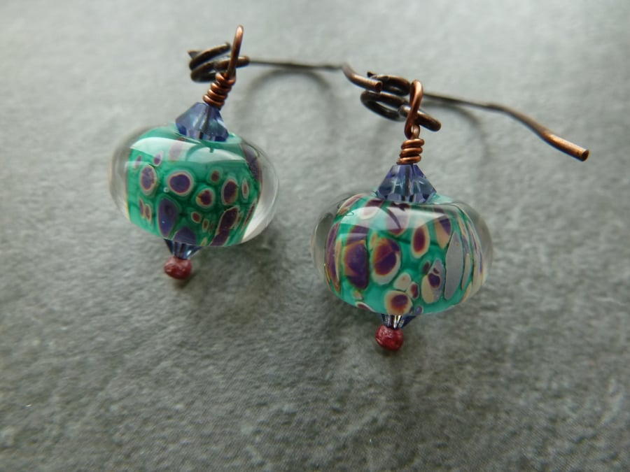 copper earrings, green lampwork