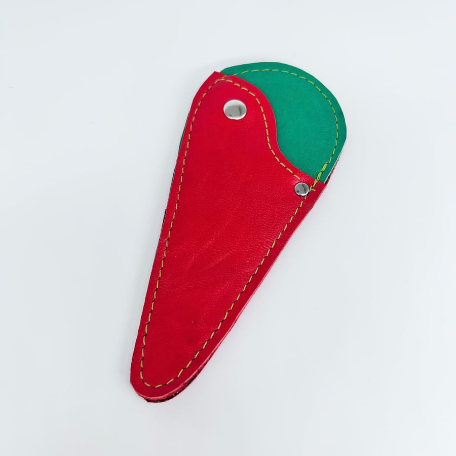 Embroidery scissor case, red and green leather, riveted scissor holder.     