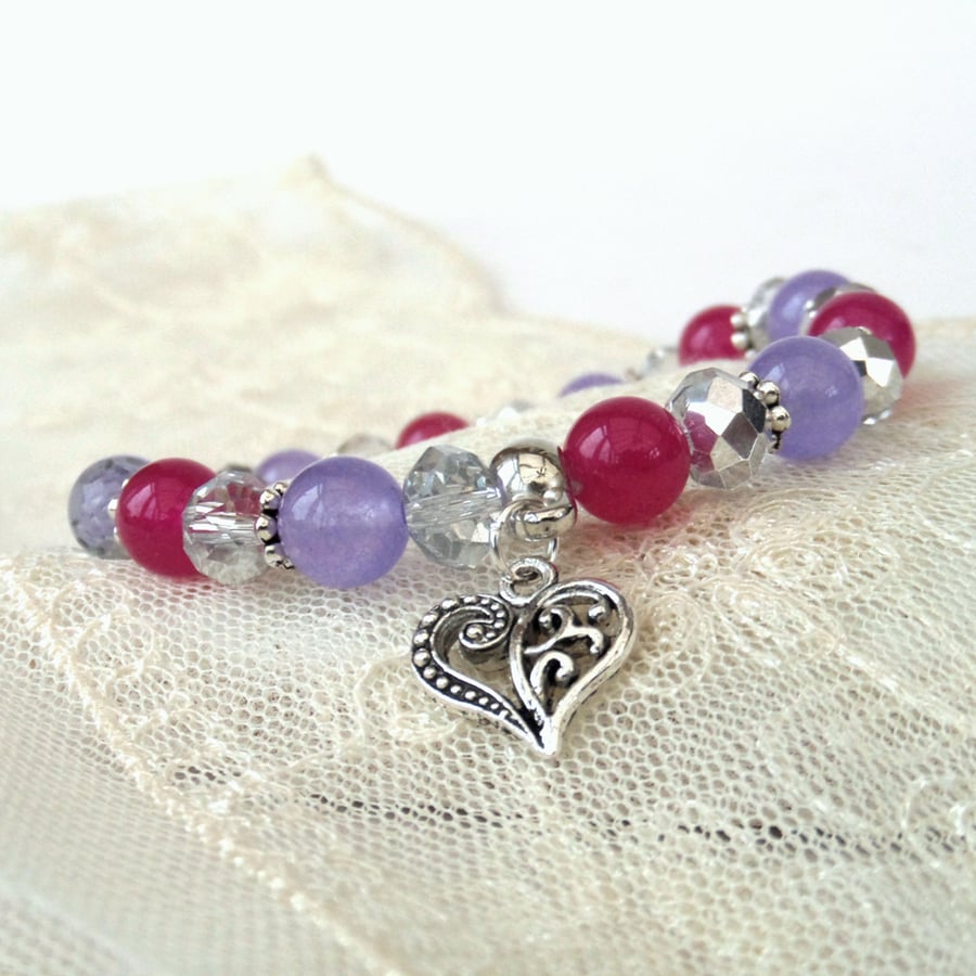 Stretchy pink and purple gemstone & crystal bracelet, with heart charm
