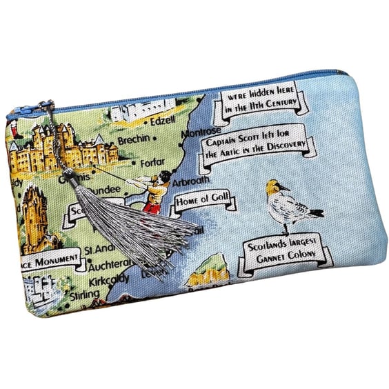 Handmade Vintage Upcycled Tea Towel Zipper Pouch - Scotland