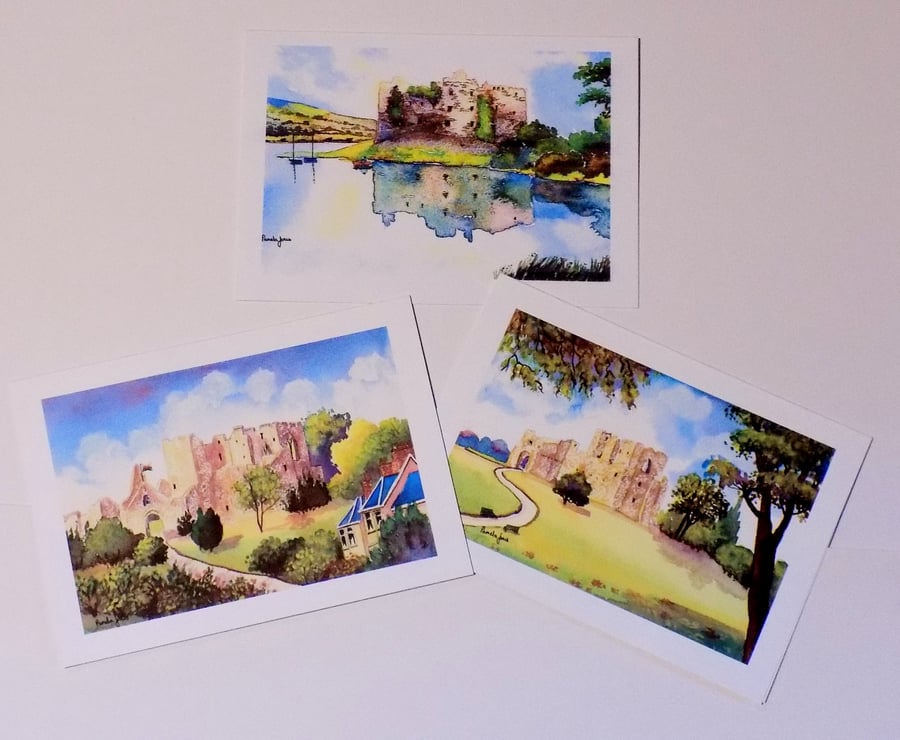 Art Greeting Cards,Welsh Castles, Set of 3, Carew Castle, Oystermouth Castle